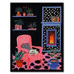 Artery8 Wall Art Print Midnight Reading Acrylic Painting on Black Canvas Cosy Livingroom with a Fireplace Artwork Framed - Size: A4 - thumbnail 1