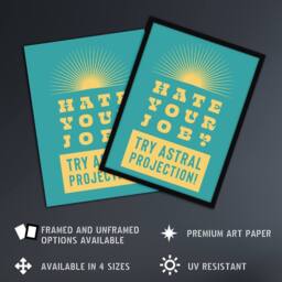 Artery8 Hate Job Try Astral Projection Teal Yellow Funny Framed Wall Art Print in Blue - Size: A4 - thumbnail 2