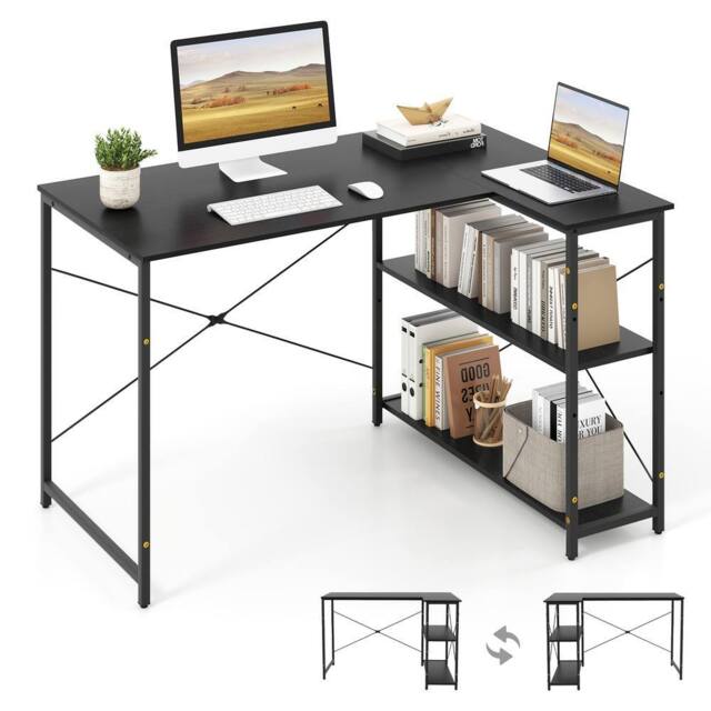 Gymax L-shaped Desk Reversible Corner Computer Desk With Adjustable Shelf in Black - image 1
