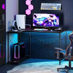 Gymax L-shaped Desk Reversible Corner Computer Desk With Adjustable Shelf in Black - thumbnail 6