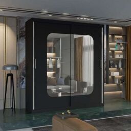Sliding Wardrobes 4U Double Sliding Wardrobe with LED Light W120cm x H217cm x D62cm in Black - thumbnail 1