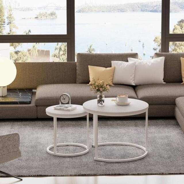Huhote Round Nesting Side End Table 2 Set Coffee Tables Metal Frame for Home in White - image 1