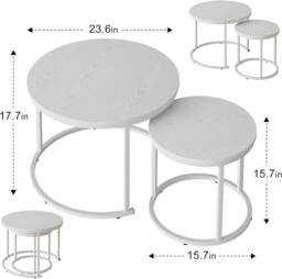 Huhote Round Nesting Side End Table 2 Set Coffee Tables Metal Frame for Home in White - thumbnail 3