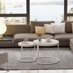Huhote Round Nesting Side End Table 2 Set Coffee Tables Metal Frame for Home in White - thumbnail 1