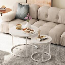 Huhote Round Nesting Side End Table 2 Set Coffee Tables Metal Frame for Home in White - thumbnail 2