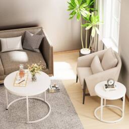 Huhote Round Nesting Side End Table 2 Set Coffee Tables Metal Frame for Home in White - thumbnail 4
