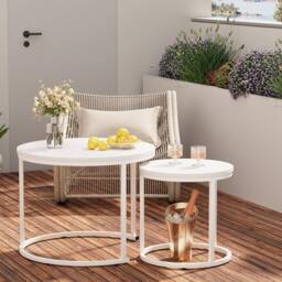 Huhote Round Nesting Side End Table 2 Set Coffee Tables Metal Frame for Home in White - thumbnail 8