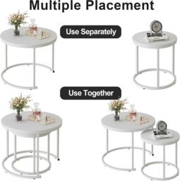 Huhote Round Nesting Side End Table 2 Set Coffee Tables Metal Frame for Home in White - thumbnail 7