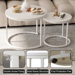 Huhote Round Nesting Side End Table 2 Set Coffee Tables Metal Frame for Home in White - thumbnail 5