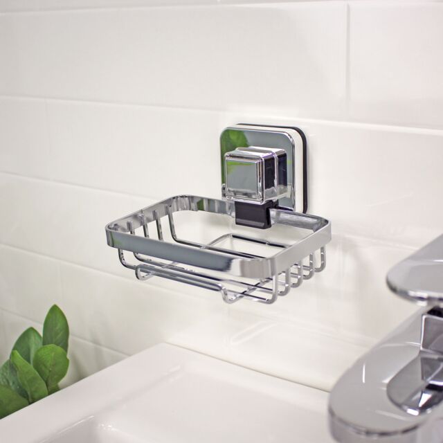 Showerdrape Pushloc Chrome Steel Suction Wall Mounted Soap Basket in Silver - image 1