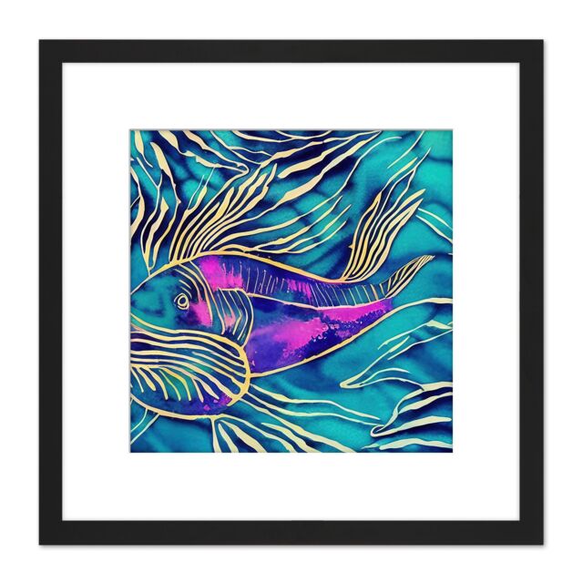 Artery8 Ocean Purple Blue Fish Aquarium Ocean Fish Watercolour Square Wooden Framed Wall Art Print Picture 8X8 Inch in Black - image 1