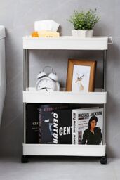 H&O Direct Slim White Standing 3-Tier Corner Storage Rack Shelf Plastic for Kitchen Bathroom - thumbnail 1