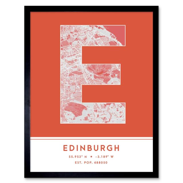 "Wee Blue Coo Wall Art Print Edinburgh Scotland United Kingdom City Map Modern Typography Stylish Letter Framed Word in Orange - Size: W12"" x H16""" - image 1