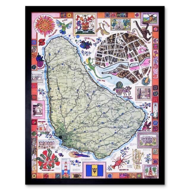 "Artery8 Travel Tourism Barbados Caribbean Tropical Map Framed Wall Art - Size: W12"" x H16""" - image 1
