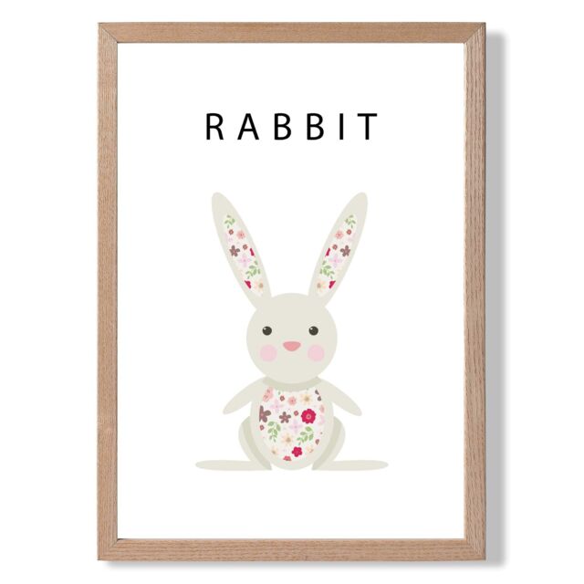 ARTZE Cute Pink Floral Rabbit Framed Print SIZE: A2 with Oak Frame - Size: A4 - image 1