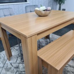 KOSY KOALA Oak Effect Dining Table Set With 2 Grey Velvet Chairs & 1 Bench Dining Room Furniture in Beige - thumbnail 3