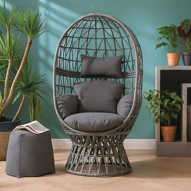 Home Republic Black Rattan Swivel Egg Chair with Cushions for Indoor or Outdoor Use - Size: 26.4L