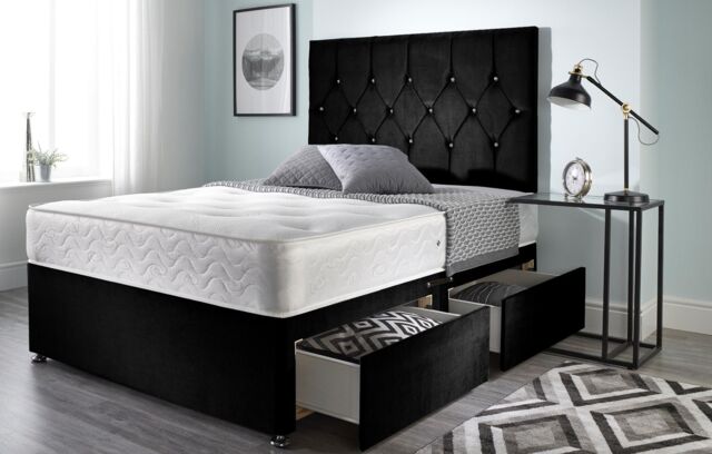 Somnior Ziggy Plush Velvet Divan Bed 2 drawers with Sprung Memory Foam Mattress & headboard in Black - Size: Small Double - image 1