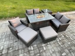 Fimous 7 Seater Rattan Outdoor Garden Furniture Gas Fire Pit Table Sets Gas Heater with Love Sofa Armchair 2 Big Footstool Side Table in Dark Grey - thumbnail 2