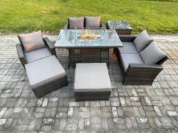 Fimous 7 Seater Rattan Outdoor Garden Furniture Gas Fire Pit Table Sets Gas Heater with Love Sofa Armchair 2 Big Footstool Side Table in Dark Grey - thumbnail 1