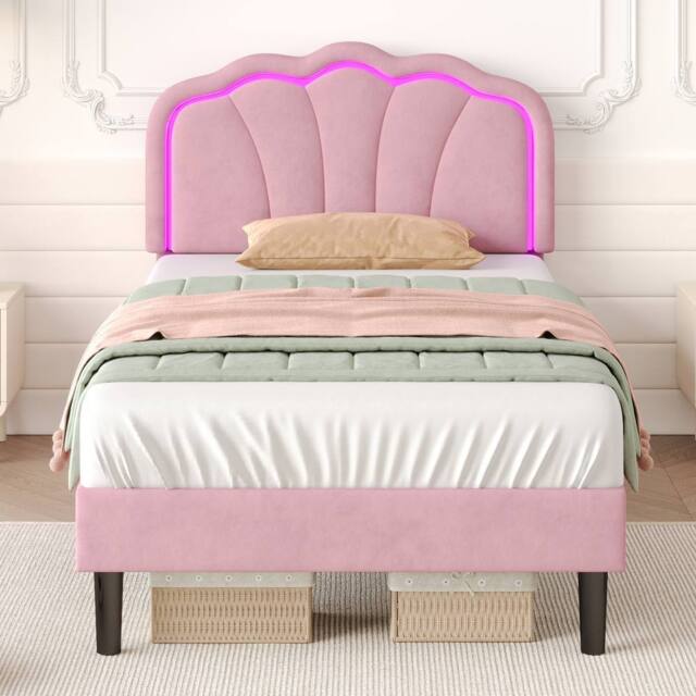 Merax Velvet Shell Shaped 3ft Single Bed with LED & Adjustable Headboard in Pink - image 1