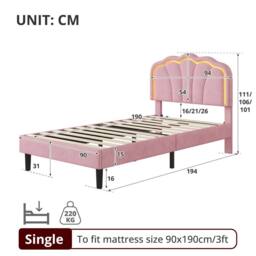 Merax Velvet Shell Shaped 3ft Single Bed with LED & Adjustable Headboard in Pink - thumbnail 9