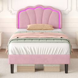 Merax Velvet Shell Shaped 3ft Single Bed with LED & Adjustable Headboard in Pink - thumbnail 4