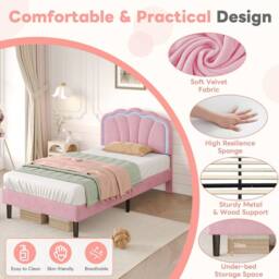 Merax Velvet Shell Shaped 3ft Single Bed with LED & Adjustable Headboard in Pink - thumbnail 6