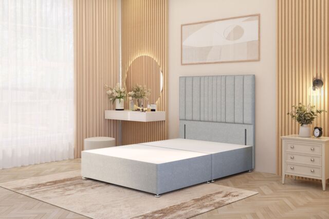 "Somnior Alexas Divan Bed Base with 54"" Floor Standing Headboard Linen Fabric in Light Grey - Size: Single" - image 1