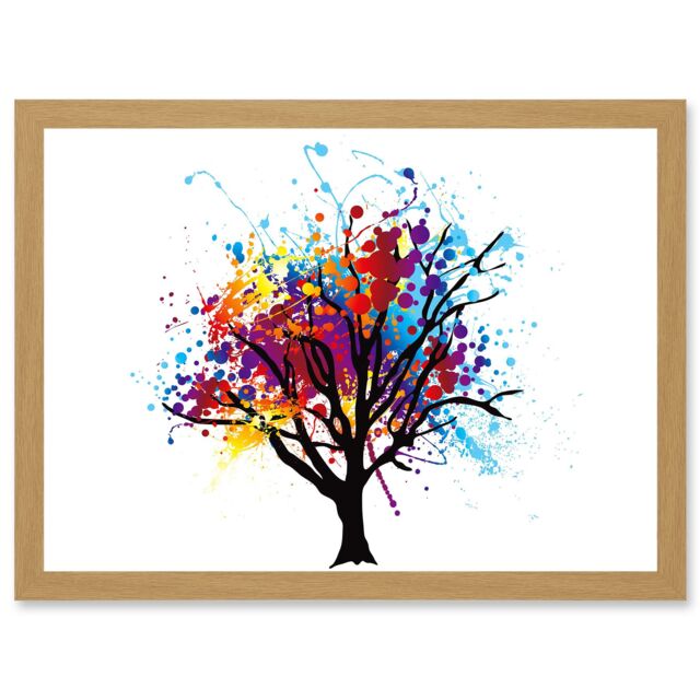 Artery8 Abstract Colourful Tree Splash Painting Illustration A4 Artwork Framed Wall Art Print in Light Oak - image 1