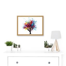 Artery8 Abstract Colourful Tree Splash Painting Illustration A4 Artwork Framed Wall Art Print in Light Oak - thumbnail 2