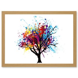 Artery8 Abstract Colourful Tree Splash Painting Illustration A4 Artwork Framed Wall Art Print in Light Oak - thumbnail 1