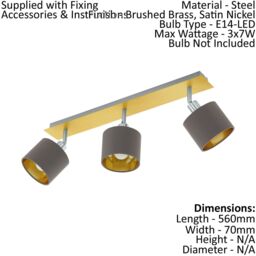 Loops Flush Ceiling Light Brushed Brass Satin Nickel Shade Cappuccino Fabric E14 3x7W in Metallics - thumbnail 2