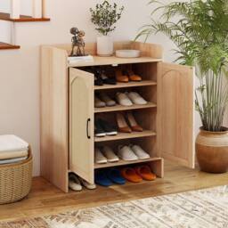 Levede Shoe Cabinet 5-Layer Rattan Double Wooden Doors White Entrance Storage in Light Brown - thumbnail 2