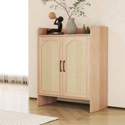 Levede Shoe Cabinet 5-Layer Rattan Double Wooden Doors White Entrance Storage in Light Brown - thumbnail 3