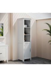 Living and Home Bathroom Freestanding Tall Cabinet with Door in White - thumbnail 3