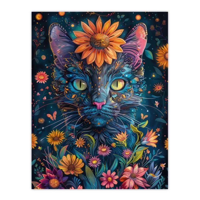 "Artery8 Wall Art Print Mystic Cat in Flowers Hippy Night Abstract Animal Poster - Size: W24"" x H32""" - image 1