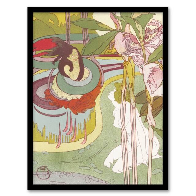 Artery8 Woman Sees Vision in Garden Vintage Framed Wall Art Print de Feure in Green - Size: A4 - image 1