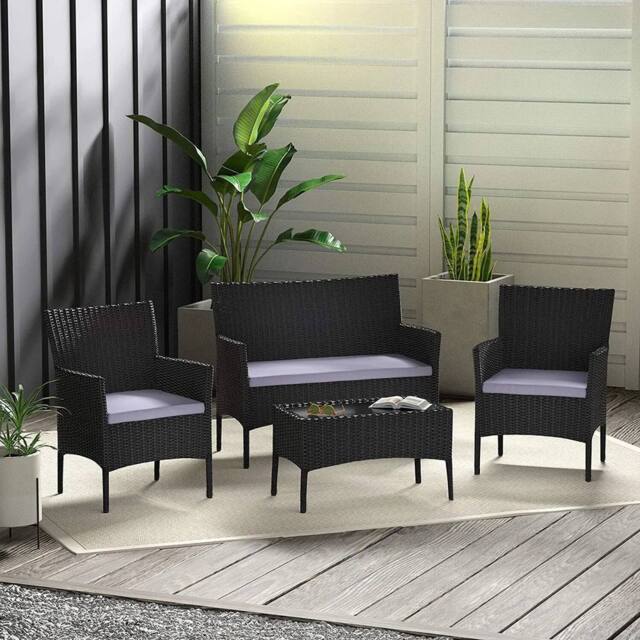 EONLION Black 4pcs Rattan Outdoor Garden Furniture Sofa Set - Size: 100 cm - image 1