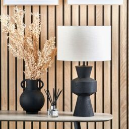 Ruma Mango Wood Contemporary Table Lamp with Linen Drum Shade in Black