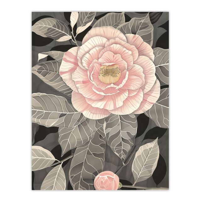 "Artery8 Stylised Pink Camellia Flower Pastel Colour Wall Art Print in Grey - Size: W24"" x H32""" - image 1
