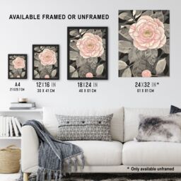 "Artery8 Stylised Pink Camellia Flower Pastel Colour Wall Art Print in Grey - Size: W24"" x H32""" - thumbnail 3