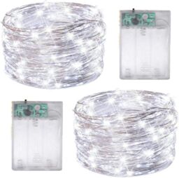 Shatchi 100LED/10m Fairy String Lights Silver Wire Battery Operated Cool White LEDs Twinkle Waterproof Lights for Decoration, 2pk - thumbnail 2