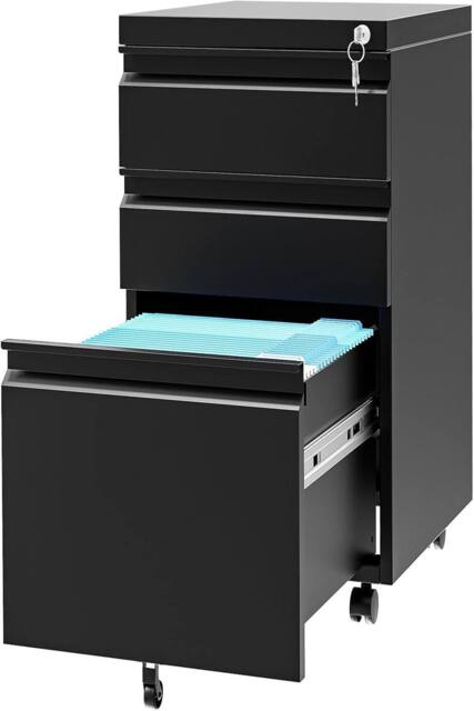 London Boutique Rolling Office Filing Cabinets Mobile Filing Cabinet w/3 Drawers &Lock in Black - image 1