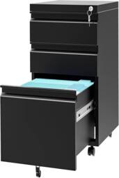 London Boutique Rolling Office Filing Cabinets Mobile Filing Cabinet w/3 Drawers &Lock in Black - thumbnail 1
