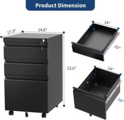 London Boutique Rolling Office Filing Cabinets Mobile Filing Cabinet w/3 Drawers &Lock in Black - thumbnail 2