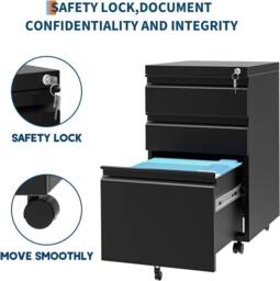 London Boutique Rolling Office Filing Cabinets Mobile Filing Cabinet w/3 Drawers &Lock in Black - thumbnail 8