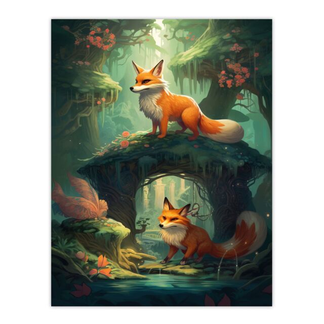 "Artery8 Wall Art Print Kitsune Fox Spirits Painting Spring Blooms & Mythical Creatures in an Enchanted Forest Landscape Poster - Size: W24"" x H32""" - image 1