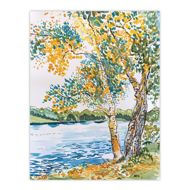 "Artery8 Seine Paris River Bank Autumn Tree Watercolour Wall Art Print - Size: W12"" x H16""" - image 1