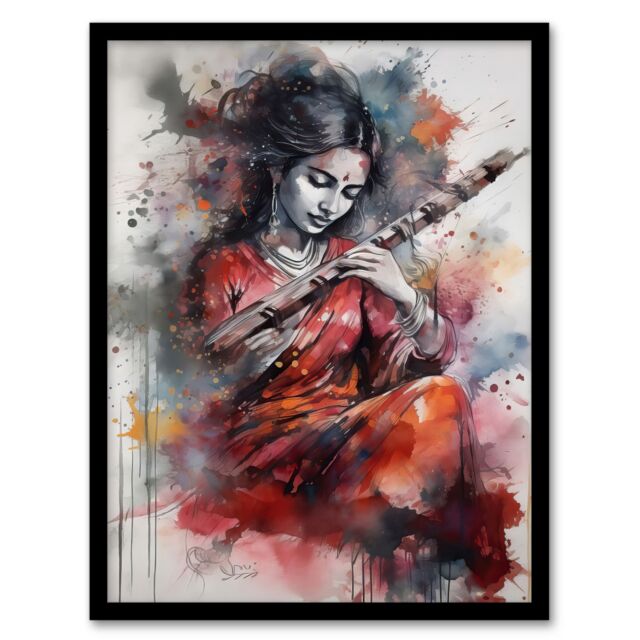Artery8 Wall Art Print Woman Playing Classical Indian Folk Music Watercolour Artwork Ragini Musician Portrait Art Framed in Grey - Size: A4 - image 1